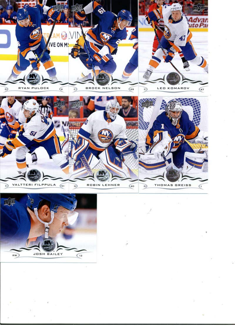 2018-19 Upper Deck Series 1 and 2 Hockey Complete New York Islanders Team Set of 13 Cards: Andrew Ladd(#114), Anthony Beauvillier(#115), Nick Leddy(#116), Jordan Eberle(#117), Mathew Barzal(#118), Anders Lee(#119), Thomas Greiss(#365), Robin Lehner(#366),