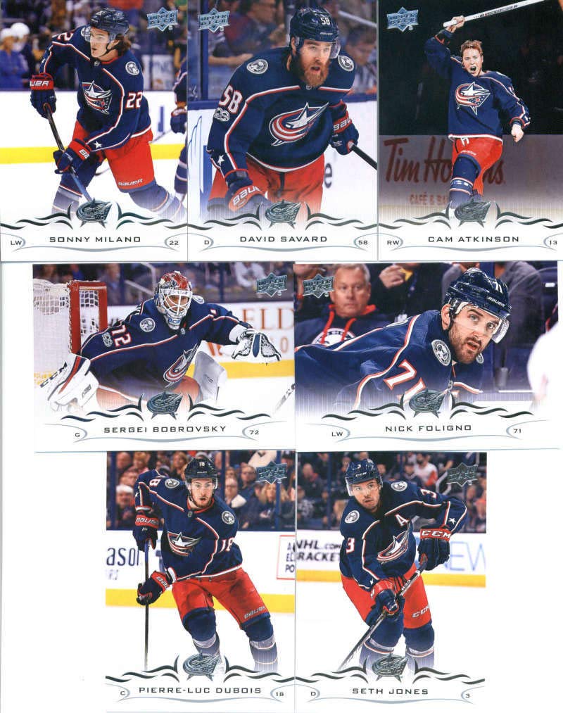 2018-19 Upper Deck Series 1 and 2 Hockey Complete Columbus Blue Jackets Team Set of 13 Cards: Pierre-Luc Dubois(#51), Sergei Bobrovsky(#52), Seth Jones(#53), Cam Atkinson(#54), David Savard(#55), Sonny Milano(#56), Nick Foligno(#57), Oliver Bjorkstrand(#3