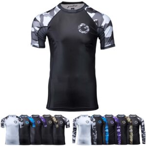 gold bjj jiu jitsu rashguard - camo short sleeve rash guard compression shirt for no-gi, gi, & mma (black camo, l)