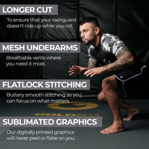 Gold BJJ Jiu Jitsu Rashguard - Camo Short Sleeve Rash Guard Compression Shirt for No-Gi, Gi, & MMA (Black Camo, L)