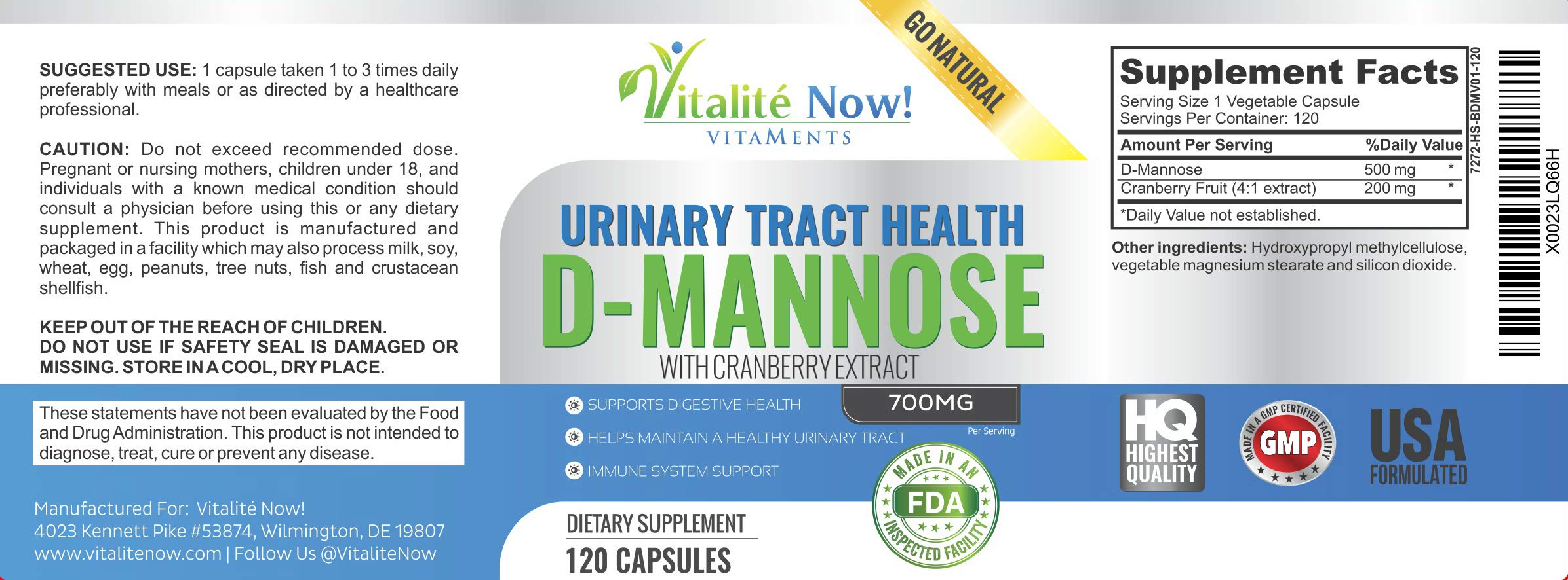 High Strength Pure D-Mannose with Cranberry Extract for Natural Urinary Tract Infections and UTI Support - Digestive Health - Immune System Support - 700mg - Non-GMO - 120 Pills