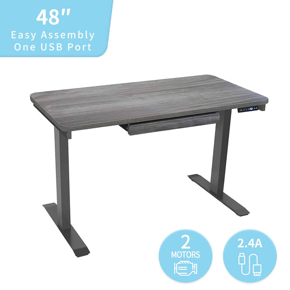 Motionwise Electric Standing Desk, 24”x48 Home Office Series, 28"-48" with Quickly Program up to 4 pre-Set Height adjustments and USB Charge Port, Gray Top with Gray Frame