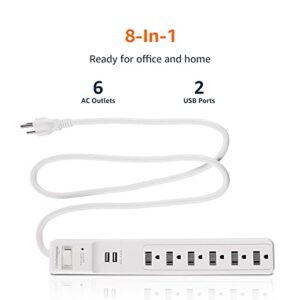 Amazon Basics Rectangular 6-Outlet Surge Protector Power Strip with 2 USB Ports - 1000 Joule, White, 6 ft