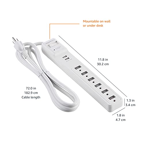 Amazon Basics Rectangular 6-Outlet Surge Protector Power Strip with 2 USB Ports - 1000 Joule, White, 6 ft