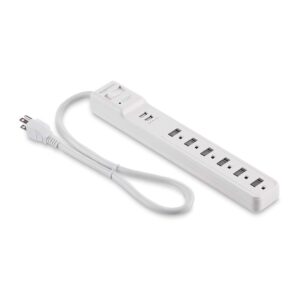 Amazon Basics Rectangular 6-Outlet Surge Protector Power Strip with 2 USB Ports - 1000 Joule, White, 6 ft