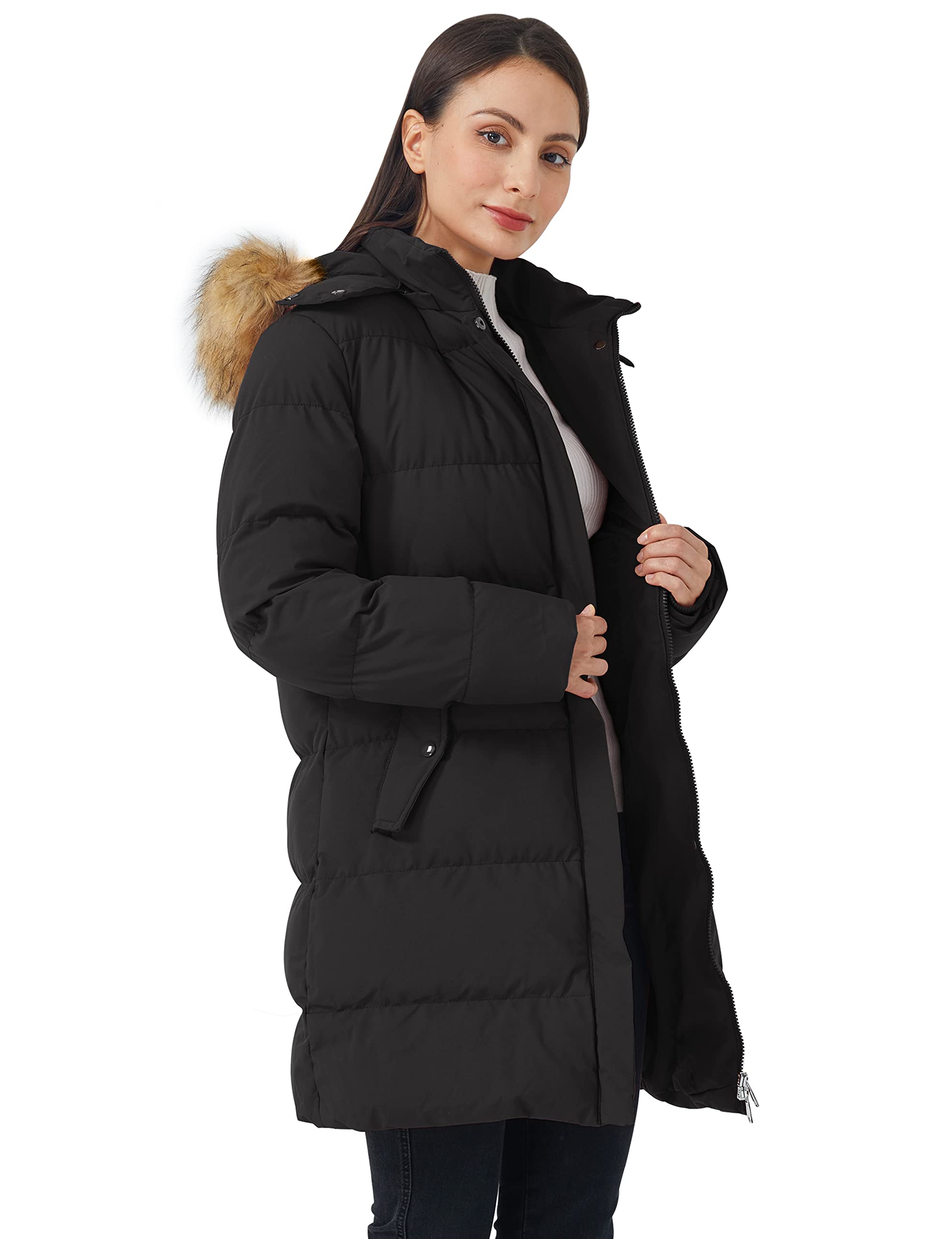 WenVen Women's Winter Thicken Puffer Coat with Fur Removable Hood (Black, 2XL)