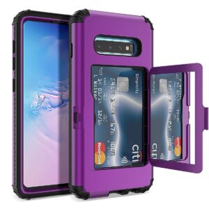 welovecase s10 plus wallet case defender wallet card holder cover with hidden mirror three layer shockproof heavy duty protection all-round armor protective case for samsung galaxy s10+ plus purple