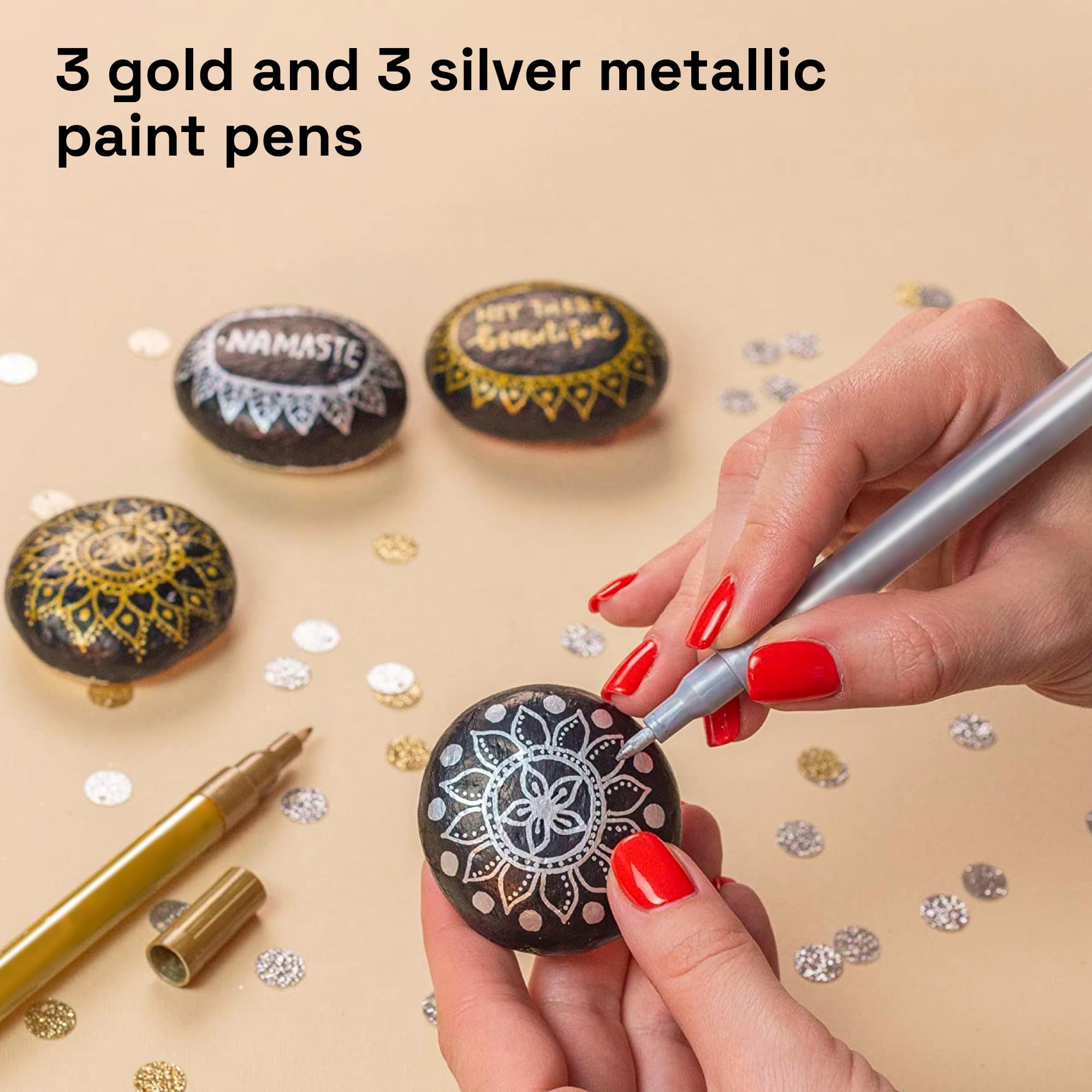 Metallic Acrylic Paint Pens for Rock Painting, Stone, Ceramic, Glass, Wood, Fabric, Canvas, Metal, Scrapbooking (6 Pack) Set of 3 Gold & 3 Silver Acrylic Paint Markers Water-Based Extra-Fine Tip 0.7mm