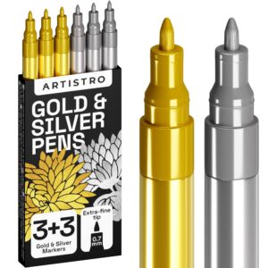 Metallic Acrylic Paint Pens for Rock Painting, Stone, Ceramic, Glass, Wood, Fabric, Canvas, Metal, Scrapbooking (6 Pack) Set of 3 Gold & 3 Silver Acrylic Paint Markers Water-Based Extra-Fine Tip 0.7mm