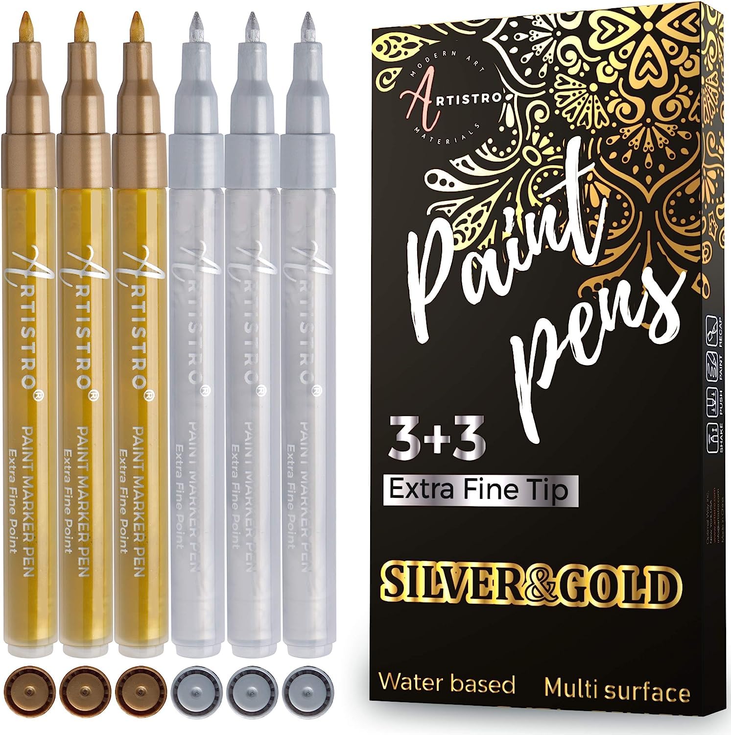 Metallic Acrylic Paint Pens for Rock Painting, Stone, Ceramic, Glass, Wood, Fabric, Canvas, Metal, Scrapbooking (6 Pack) Set of 3 Gold & 3 Silver Acrylic Paint Markers Water-Based Extra-Fine Tip 0.7mm