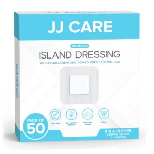 JJ CARE Adhesive Island Dressing [Pack of 50], 4x4 Sterile Bordered Gauze Dressing, Breathable, Individually Wrapped Island Wound Bandages with Highly Absorbent Non-Stick Center Pad