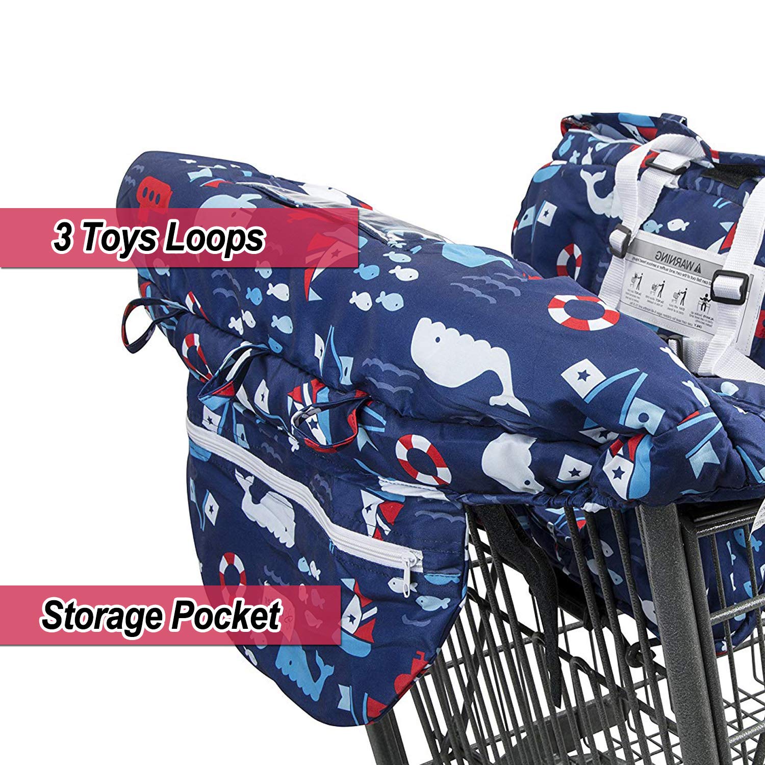 2-in-1 Shopping Cart and High Chair Cover for Baby~Padded~Fold'n Roll Style~Portable with Free Carry Bag (Blue Whale)