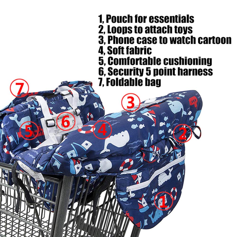 2-in-1 Shopping Cart and High Chair Cover for Baby~Padded~Fold'n Roll Style~Portable with Free Carry Bag (Blue Whale)