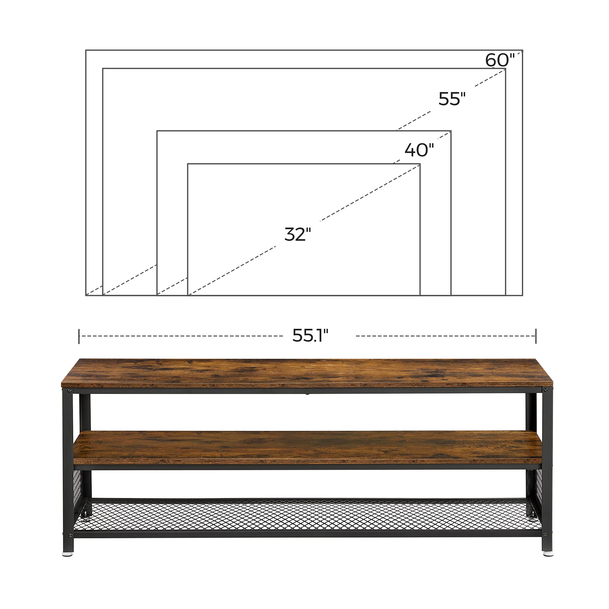 VASAGLE TV Stand, TV Cabinet for up to 60 Inch TV, Console, Coffee Table with Metal Frame, Wood-Like Grain, Industrial for Living Room, Rustic Brown and Black ULTV50BX