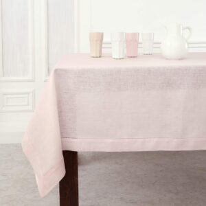 solino home pink linen tablecloth 60 x 120 inch – 100% pure linen classic hemstitch tablecloth – machine washable dining tablecloth for summer