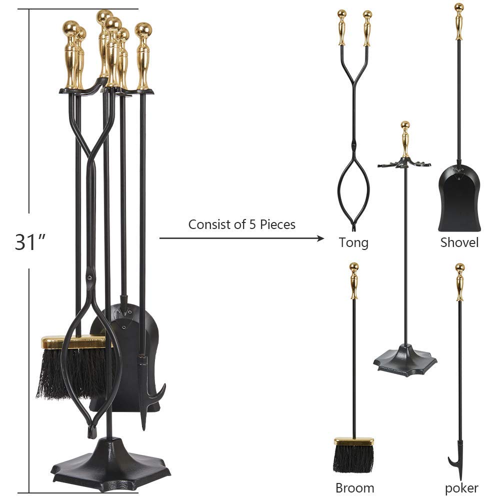 AMAGABELI GARDEN & HOME Fireplace Tools Set 5 Pc Lrg Gold Handle Wrought Iron Fire Set with Stand Holder Fireset Fire Pit Indoor Outdoor Tongs Shovel Antique Brush Poker Wood Stove Hearth Accessories