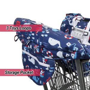 Shopping Cart Cover for Baby- 2-in-1 - Foldable Portable Seat with Bag for Infant to Toddler - Compatible with Grocery Cart Seat and High Chair (Blue Whale)