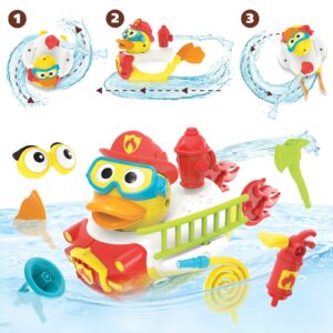 yookidoo jet duck firefighter bath toy with powered water hydrant shooter - sensory development & bath time fun for kids - battery operated bath toy with 15 pieces - ages 2+