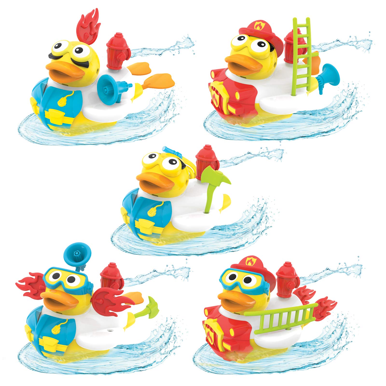 Yookidoo Jet Duck Firefighter Bath Toy with Powered Water Hydrant Shooter - Sensory Development & Bath Time Fun for Kids - Battery Operated Bath Toy with 15 Pieces - Ages 2+