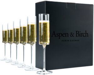 aspen & birch - modern champagne flutes set of 6 - champagne glasses - mimosa glasses, crystal stemware, clear, 6 oz, hand blown glass champagne flutes - hand crafted by artisans