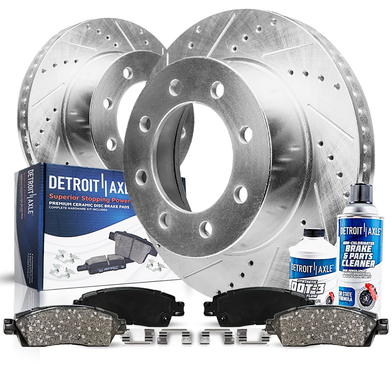 Detroit Axle - Front Brake Kit for 05-12 Ford F-250 F-350 Super Duty, 10-12 F-450 Super Duty Replacement 2005 2006 2007 2008 2009 2010 2011 2012 Drilled Slotted Brakes Rotors Ceramic Brake Pads