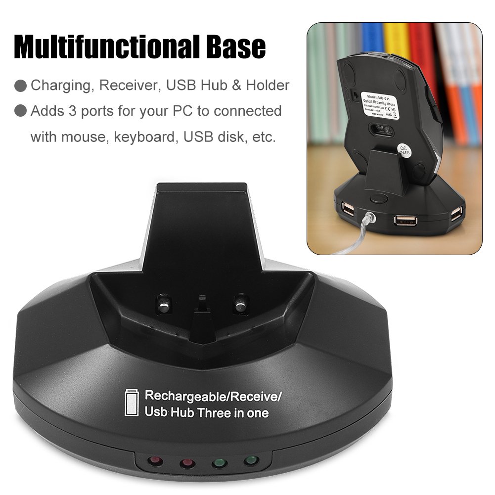 Serounder Wireless Mouse, 2.4GHz Rechargeable Optical Gaming Ergonomic Mice w/Charging Dock Stand 3-Port USB Hub for Laptop, PC, Windows(Black)