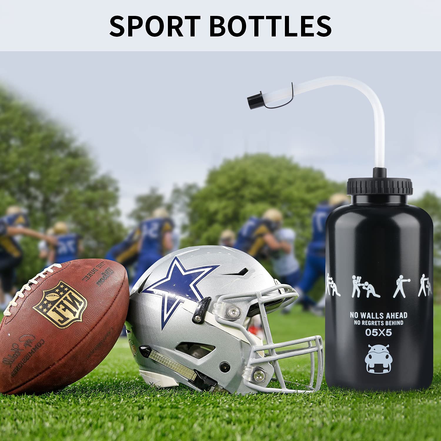 SHOKE Long Straw Water Bottle Hockey Boxing 1 Liter Water Bottle Football BPA Free Squeeze Leak Proof Sports Water Bottles for Baseball Lacrosse Cycling Sport Large Capacity 32 Oz/1 Liter-Black