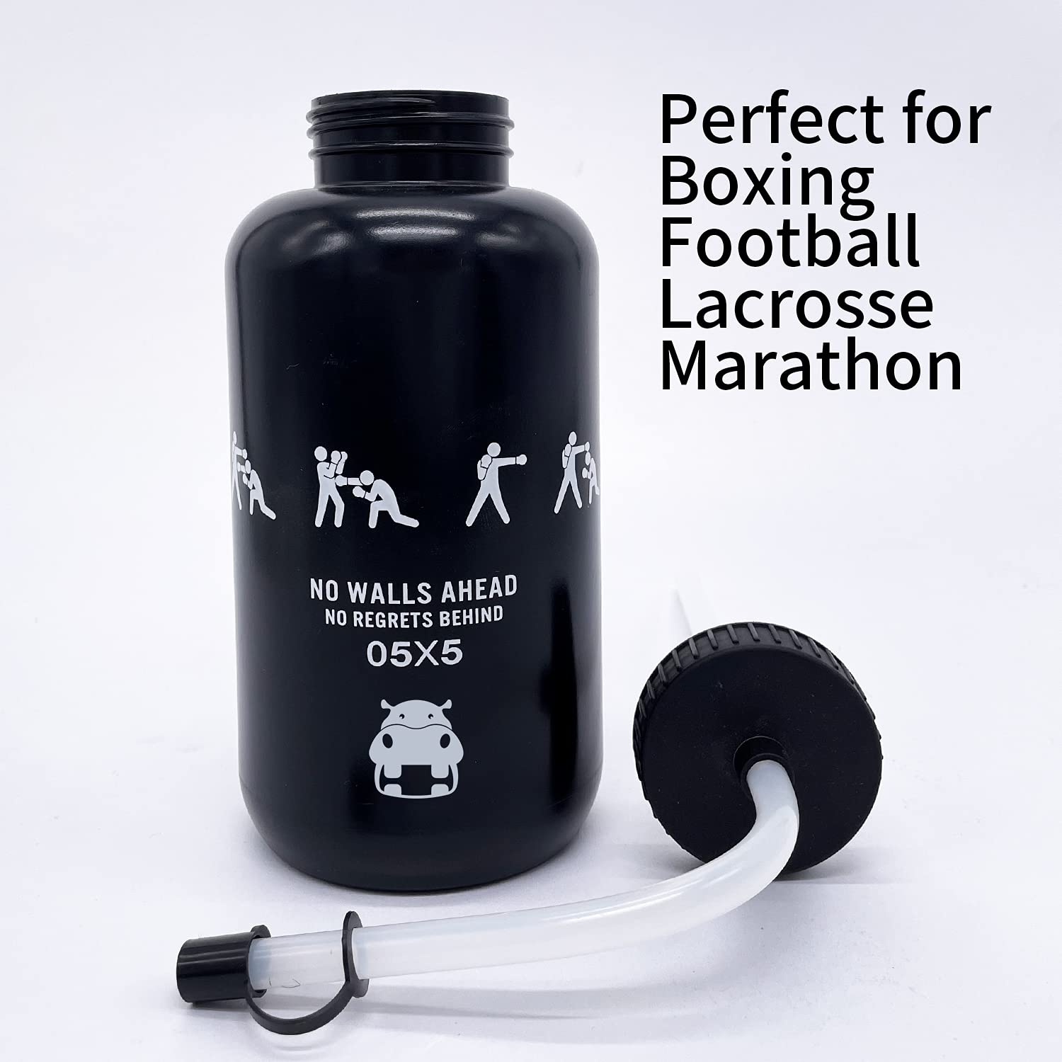 SHOKE Long Straw Water Bottle Hockey Boxing 1 Liter Water Bottle Football BPA Free Squeeze Leak Proof Sports Water Bottles for Baseball Lacrosse Cycling Sport Large Capacity 32 Oz/1 Liter-Black