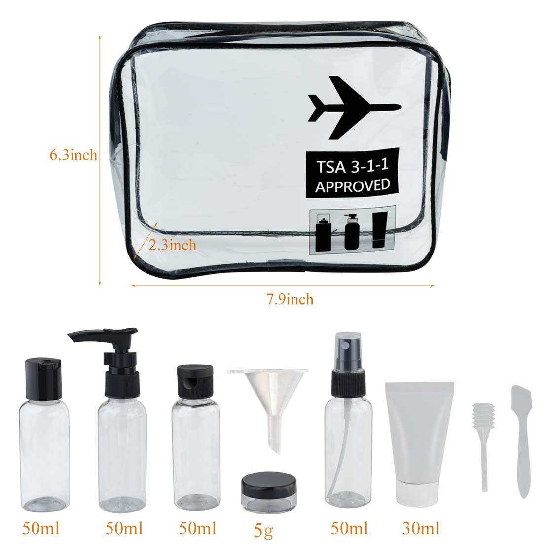 Wobe Travel Bottles and TSA Approved Toiletry Bag, Clear Quart Size with Leak-Proof Travel Containers Set Makeup Bag Accessories for Liquids Carry-On Luggage Compliant for Airplaine