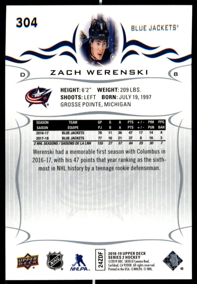 2018-19 Upper Deck Hockey Series Two #304 Zach Werenski Columbus Blue Jackets Official UD NHL Trading Card