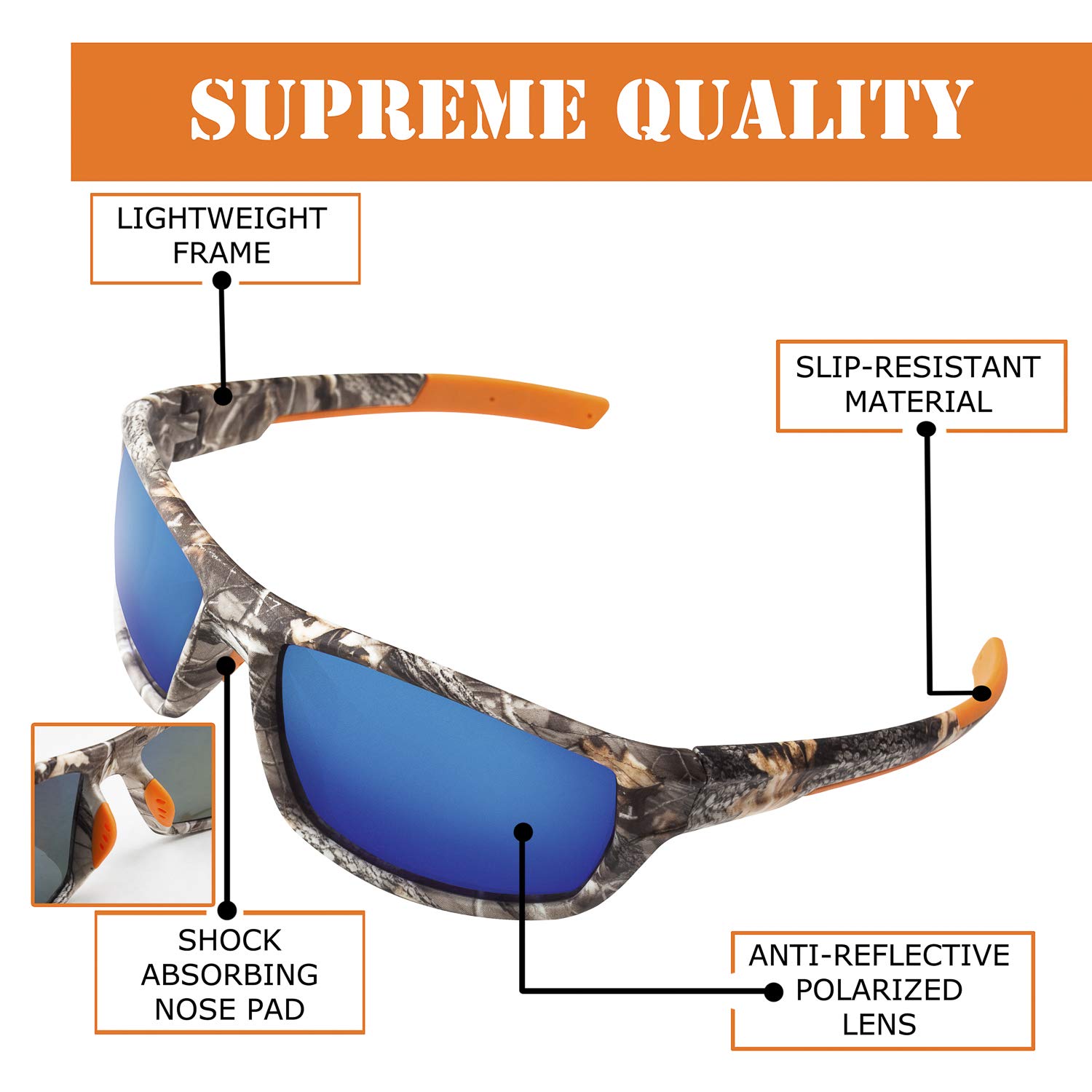 Polarized Camouflage Sport Fishing Sunglasses for Men and Women - Ideal, Blue, S