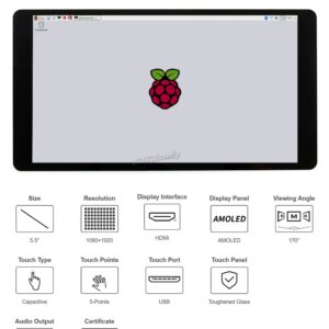 5.5 inch HDMI AMOLED Display with Toughened Glass Cover 1920x1080 Capacitive Touch HDMI Interface Supports Mini PC Raspberry Pi 4 3 2 1 Model B B+ A+ Computer Monitor @XYGStudy