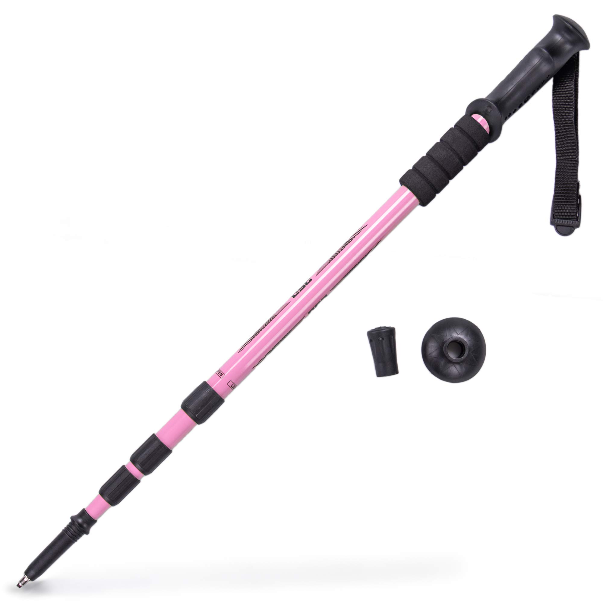 Trekking Pole & Walking Staff | Strong, Lightweight Aluminum | Extends up to 53" Collapses Down to 23" | All-Terrain: Interchangeable Carbonite Ice Pick Tip, Rubber Asphalt Tip, and Snow Cap (Pink)