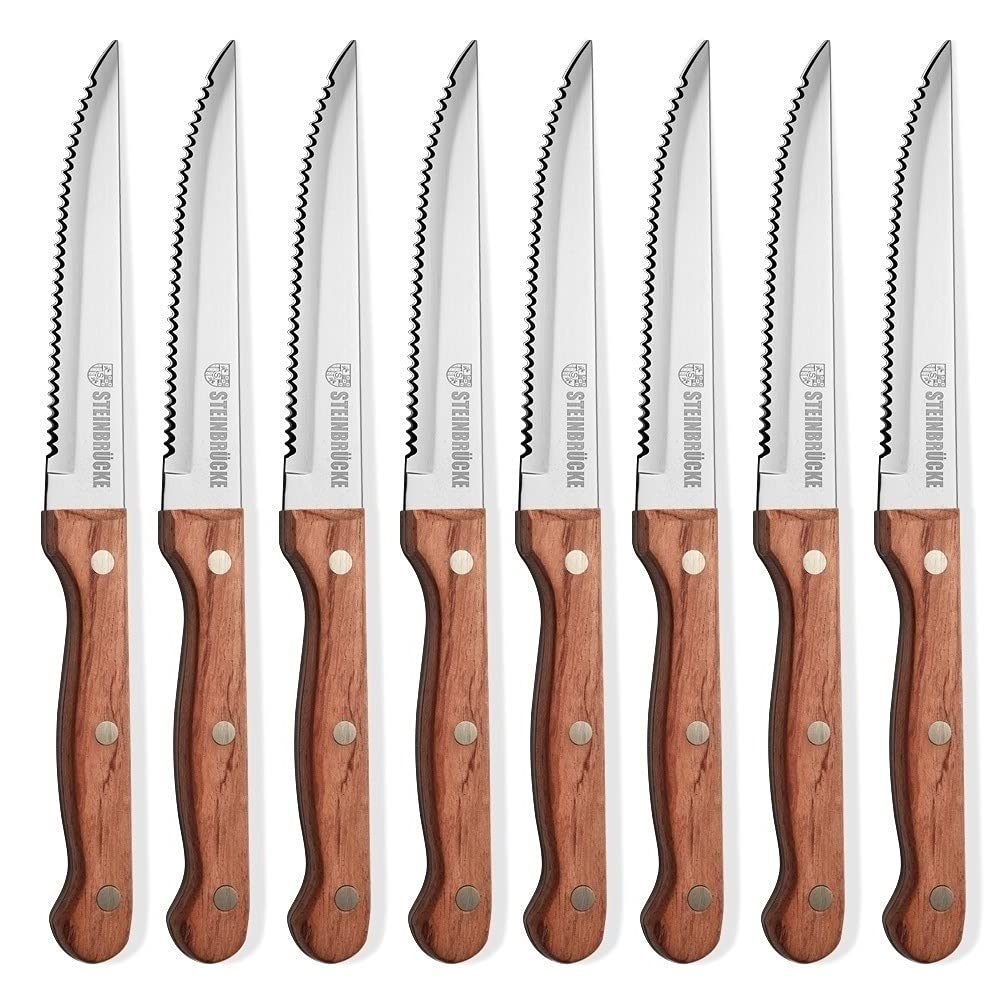 Steak Knives Wood Handle - Steak Knives Set of 8 Built 5Cr15Mov Stainless Steel HRC57-58 Hardness Razor Sharp Full Tang (Not dishwasher safe)