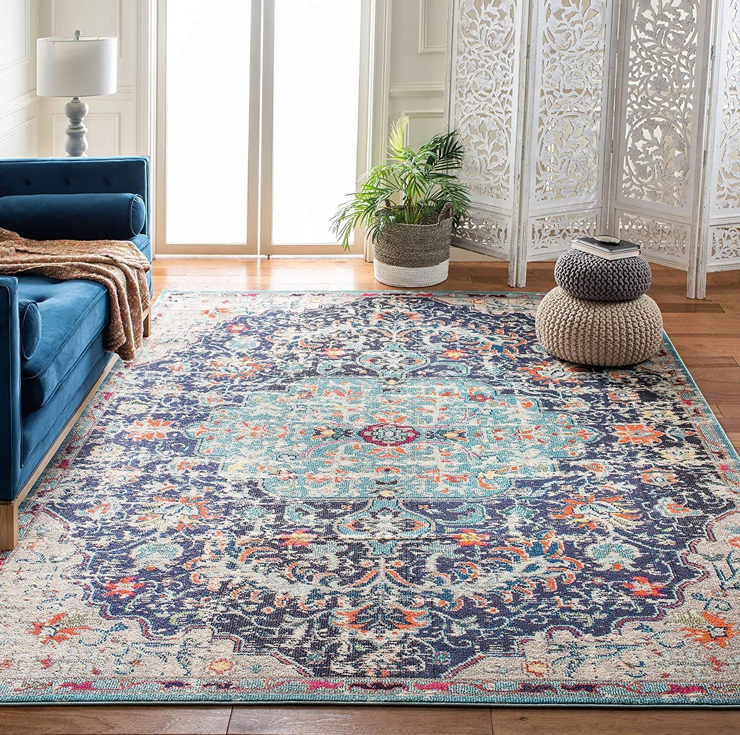 SAFAVIEH Madison Collection Area Rug - 5'3" x 7'6", Black & Teal, Boho Chic Medallion Distressed Design, Non-Shedding & Easy Care, Ideal for High Traffic Areas in Living Room, Bedroom (MAD447Z)
