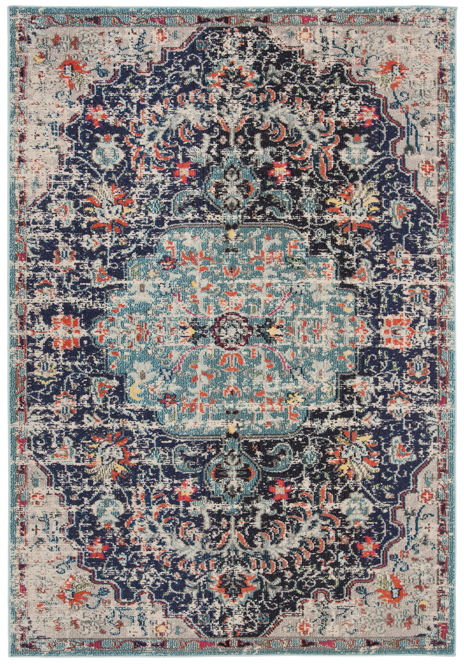 SAFAVIEH Madison Collection Area Rug - 5'3" x 7'6", Black & Teal, Boho Chic Medallion Distressed Design, Non-Shedding & Easy Care, Ideal for High Traffic Areas in Living Room, Bedroom (MAD447Z)