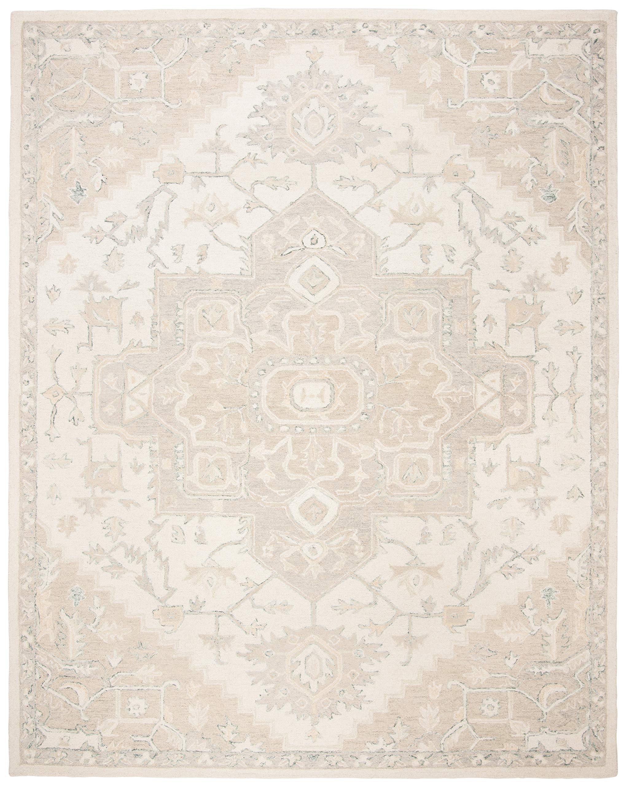 SAFAVIEH Micro-Loop Collection Area Rug - 9' x 12', Ivory & Beige, Handmade Shabby Chic Medallion Wool, Ideal for High Traffic Areas in Living Room, Bedroom (MLP503B)