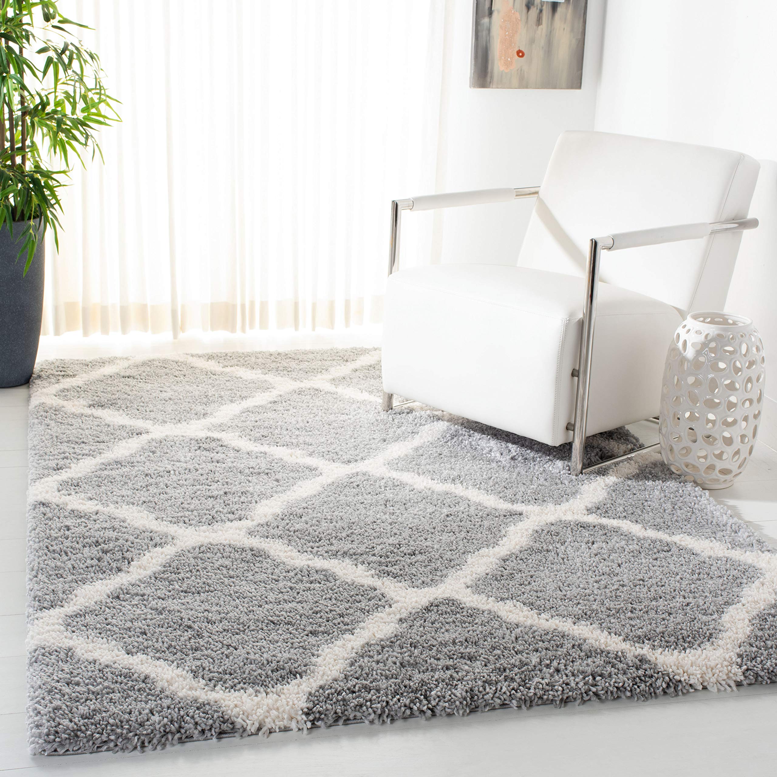 SAFAVIEH Fontana Shag Collection 4' x 6' Grey / Cream FNT821G Trellis Non-Shedding Living Room Bedroom Dining Room Entryway Plush 2-inch Thick Area Rug