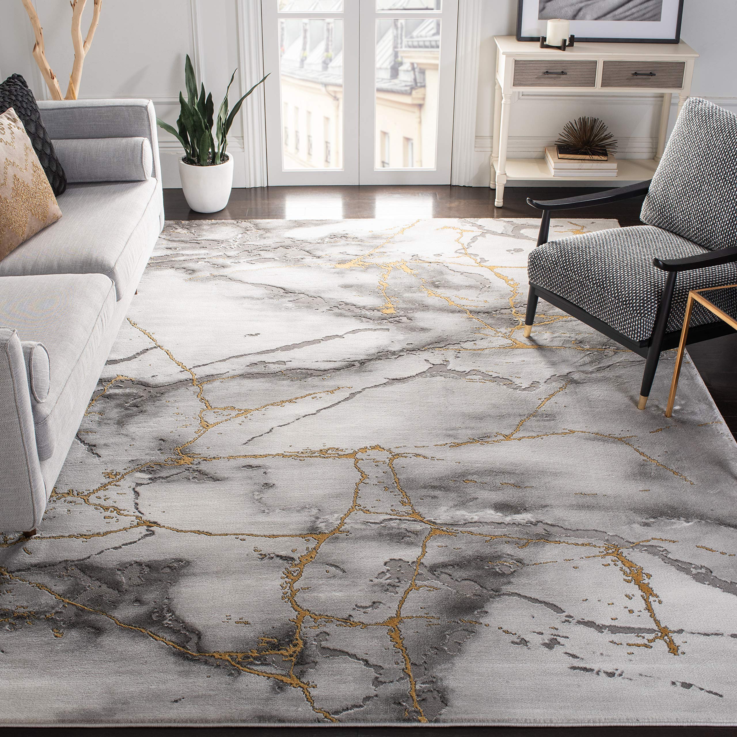 SAFAVIEH Craft Collection Area Rug - 6'7" Square, Grey & Gold, Modern Abstract Design, Non-Shedding & Easy Care, Ideal for High Traffic Areas in Living Room, Bedroom (CFT877F)