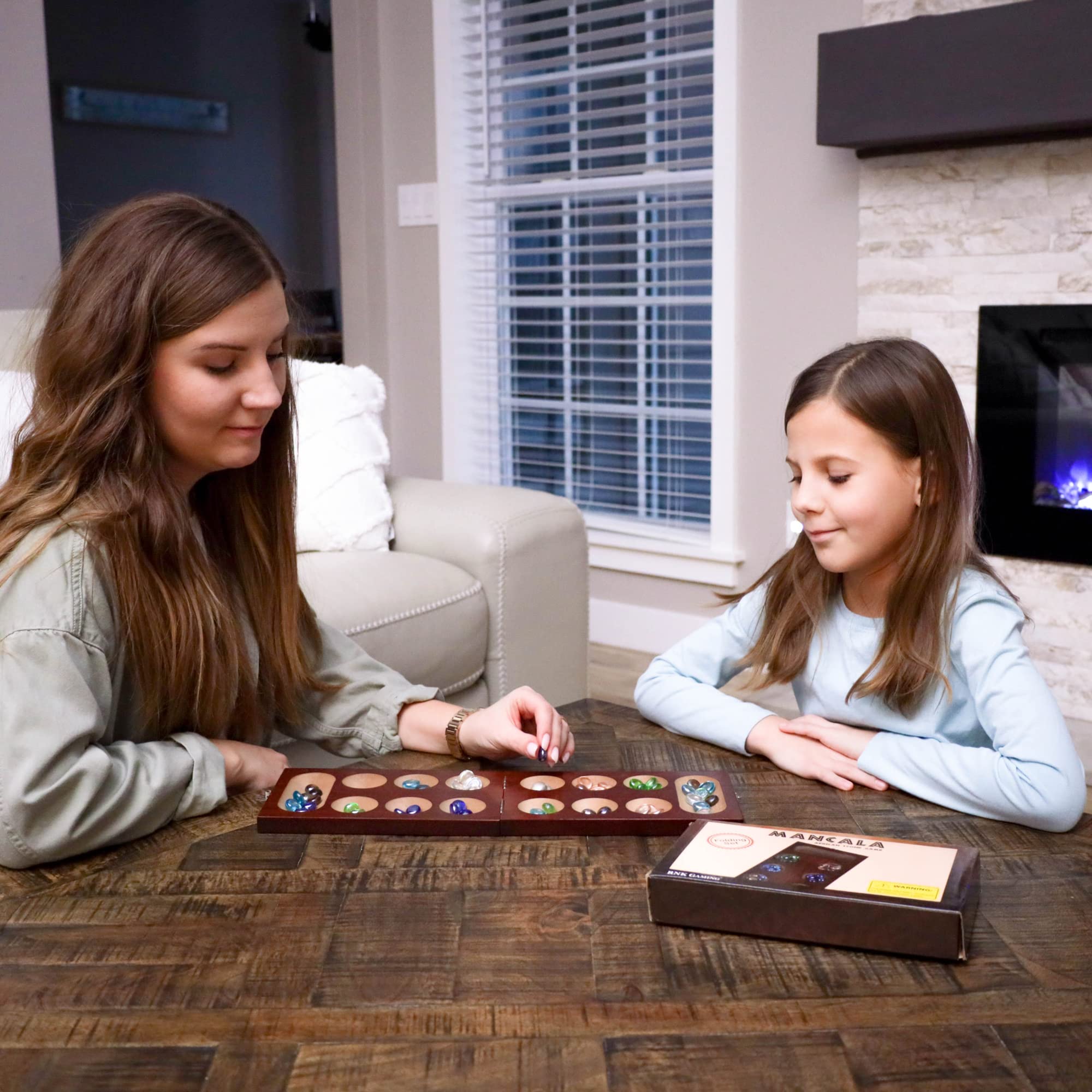 RNK Gaming Mancala Board Game with Folding Wooden Board and Colorful Glass Stones for Adults and Kids