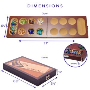 RNK Gaming Mancala Board Game with Folding Wooden Board and Colorful Glass Stones for Adults and Kids