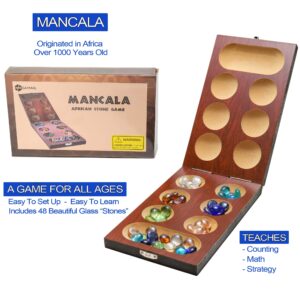 RNK Gaming Mancala Board Game with Folding Wooden Board and Colorful Glass Stones for Adults and Kids