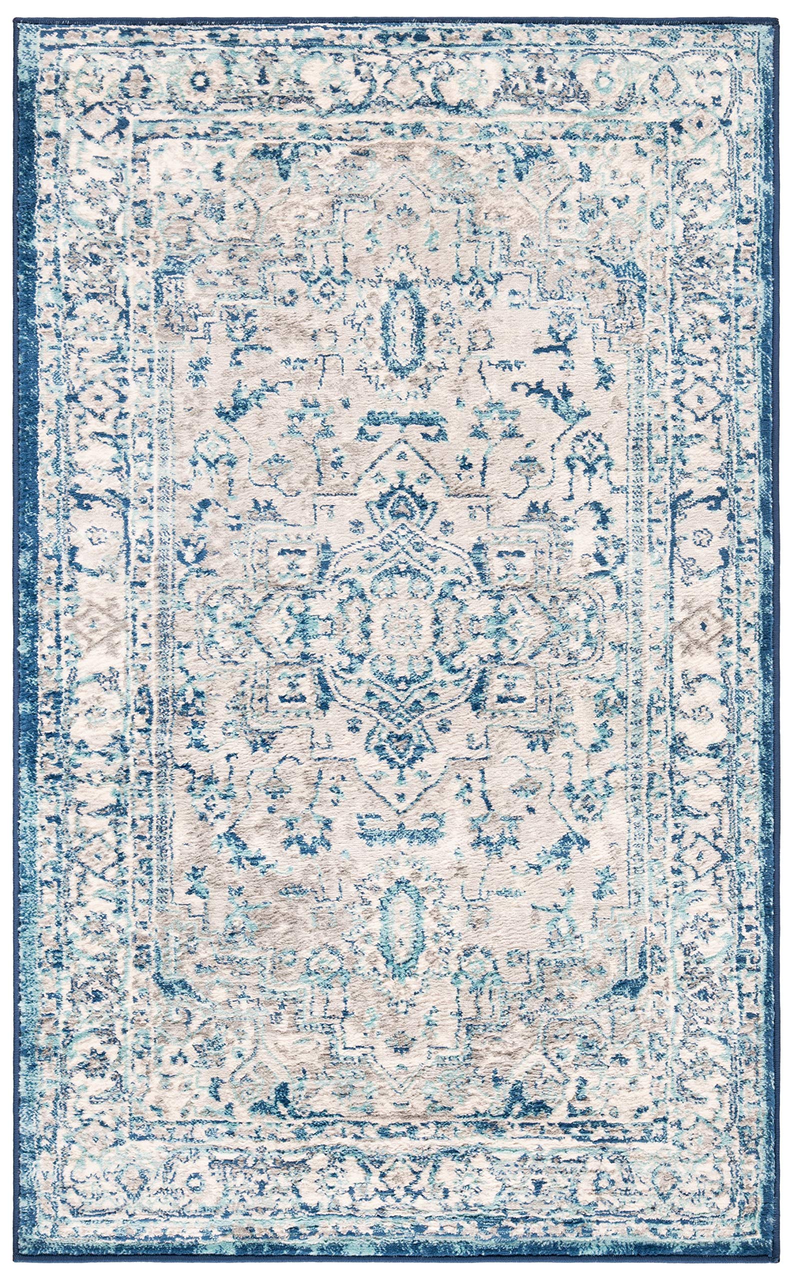 SAFAVIEH Brentwood Collection 3' x 5' Light Grey/Blue BNT851G Medallion Distressed Non-Shedding Living Room Bedroom Accent Rug