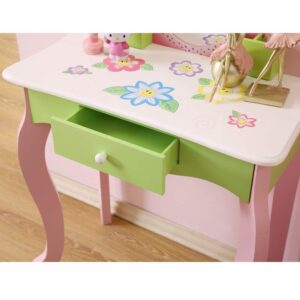 WODENY Children's Dressing Table & Stool Set Wooden Kids' Vanity Table Set with Mirror for Little Girls Makeup Bedroom Furniture (Green)