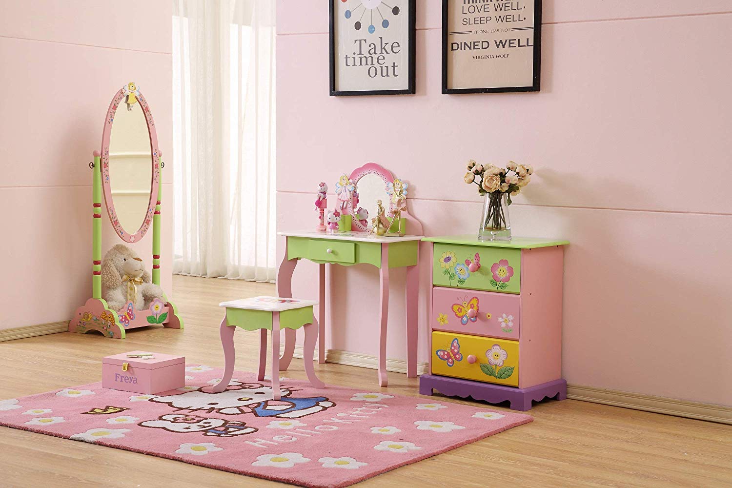 WODENY Children's Dressing Table & Stool Set Wooden Kids' Vanity Table Set with Mirror for Little Girls Makeup Bedroom Furniture (Green)