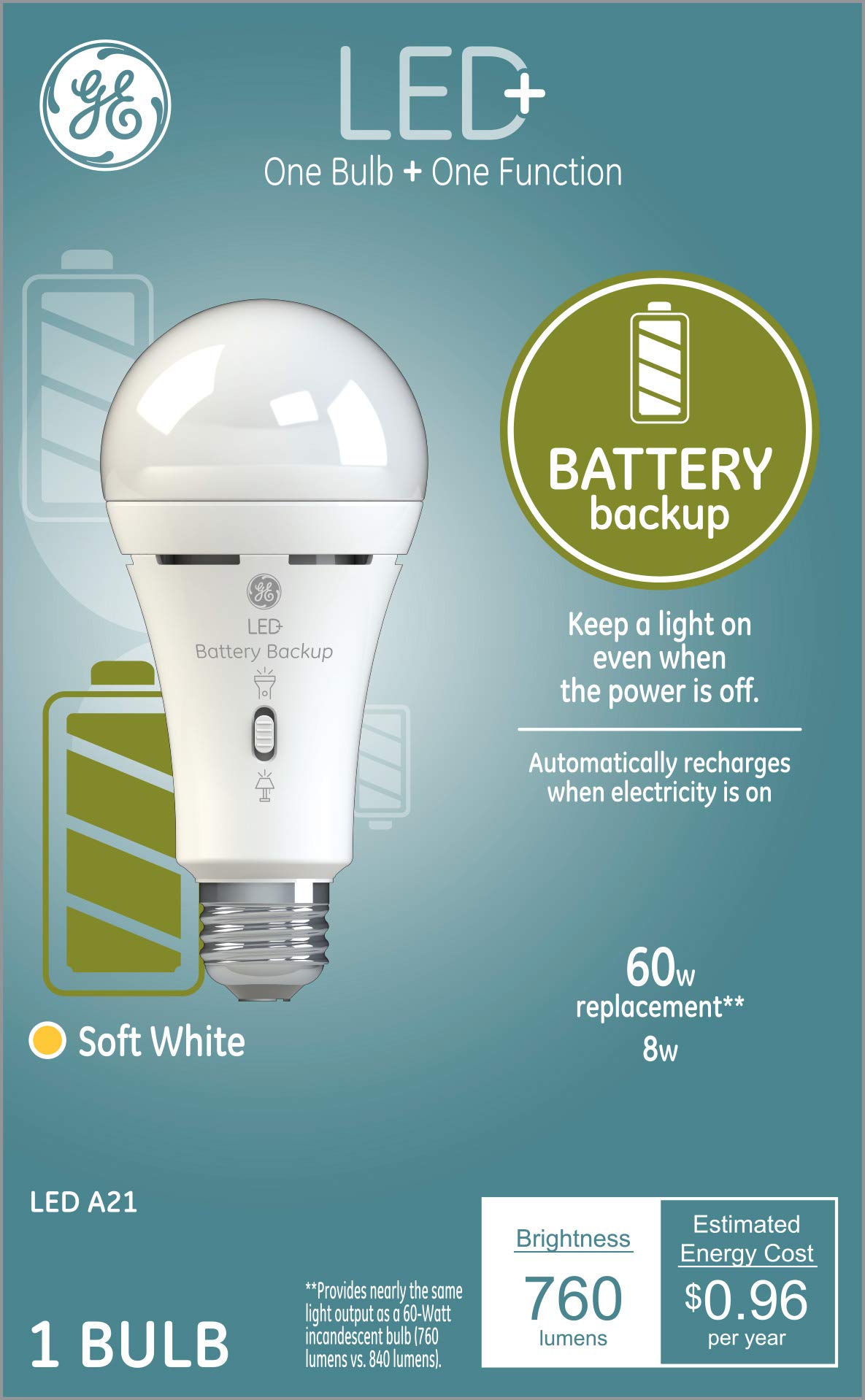 GE Lighting LED+ Backup Battery Light Bulb, Rechargeable, Soft White, Medium Base (1 Pack)