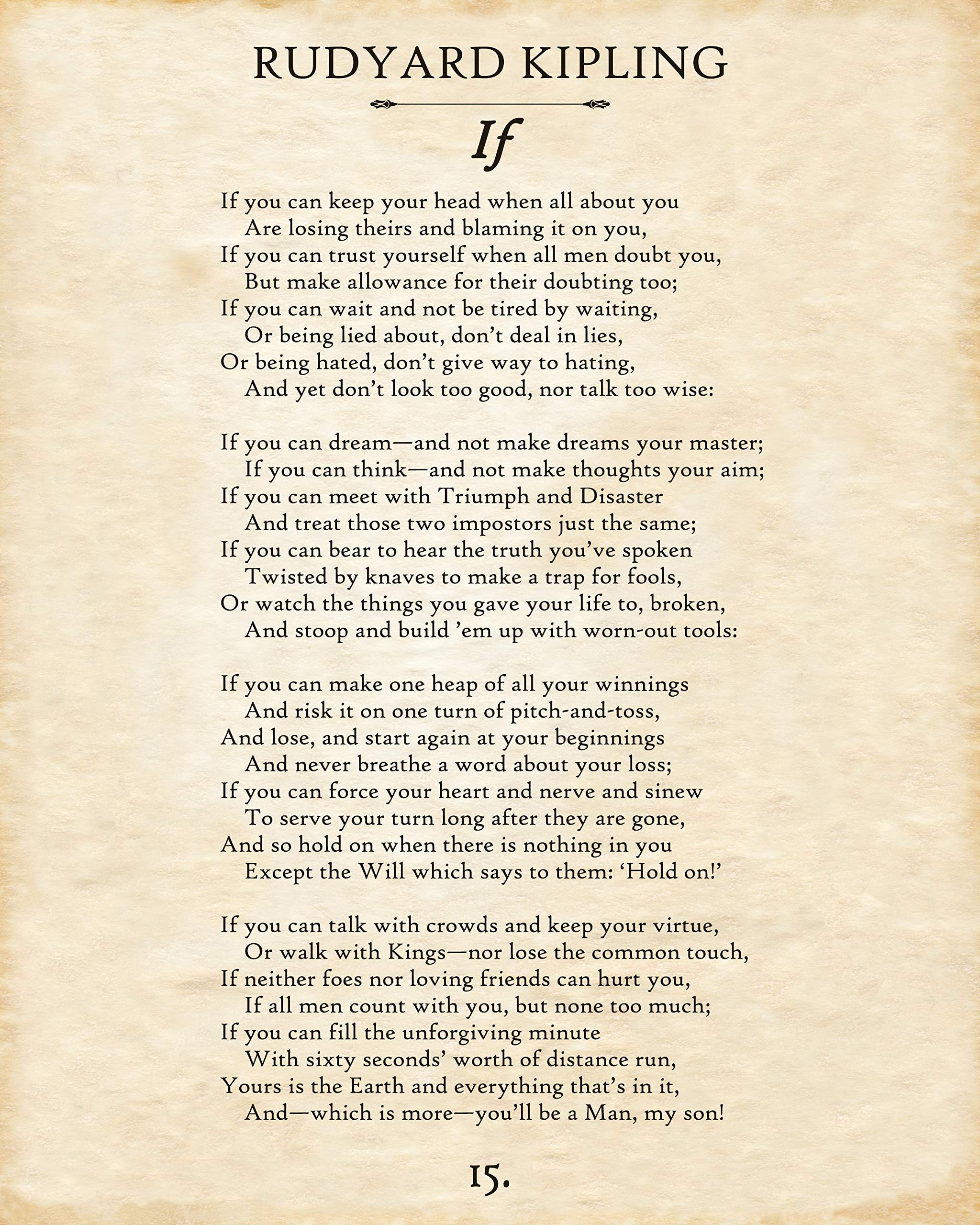 Rudyard Kipling - If - Inspirational Sayings Wall Decor, Motivational Poem Poster, Canvas Wall Art for Home and Office, Inspiring Literature Gift, Choose Unframed Book Poster Poster or Canvas Arts