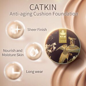 Catkin Phoenix Cushion Foundation Buildable Coverage Anti-Aging Serum Makeup, Sheer Satin Finish, Refill Included, Light Beige 0.46 Oz x 2, C02 Light Beige