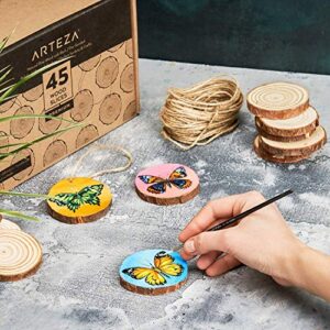 ARTEZA Natural Wood Slices, 2.4-2.8 Inch Diameter, Set of 45, Brown Round Pine Wood Discs with Bark for Crafts, Christmas Ornaments, Centerpieces