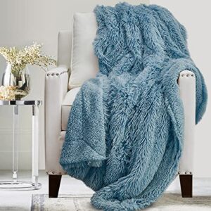 the connecticut home company throw blanket, soft plush reversible shag and sherpa, warm thick throws for bed, comfy washable bedding accent blankets for sofa couch chair, 65x50, slate blue